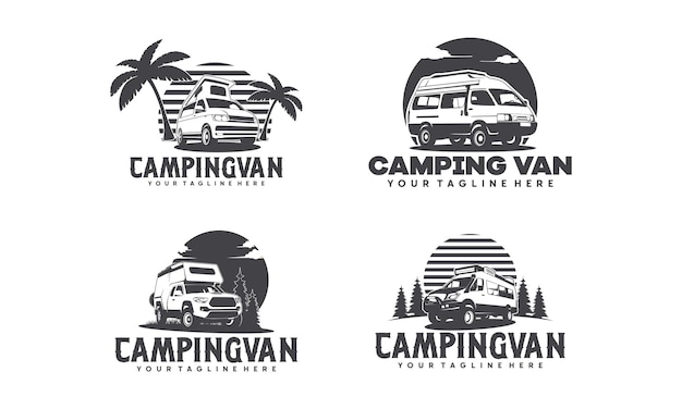 Zestaw ilustracji wektorowych logo RV camper van klasyczny styl Idealny dla firm związanych z wynajmem kamperów i kamperów