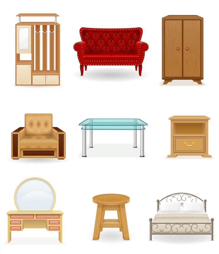 Zestaw ilustracji wektorowych mebli. Sofa, łóżko, krzesło, biurko, szafa