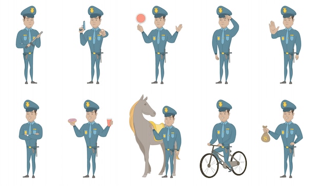 Zestaw Ilustracji Wektorowych Młody Policjant Hiszpanin