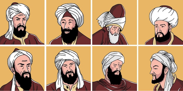 zestaw ilustracji wektorowych najbardziej wpływowych uczonych islamskich na świecie