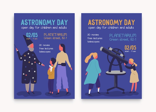 Zestaw Ilustracji Wektorowych Plakat Promocyjny Dzień Astronomii Płaskie. Dorośli I Dzieci Zwiedzili Planetarium, Rozmawiają Z Astronomem I Patrzą W Teleskop. Zapowiedź Wystawy Z Miejscem Na Tekst.