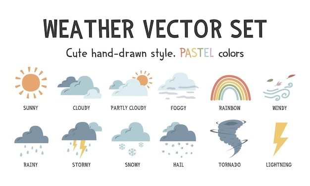 Plik wektorowy zestaw ilustracji wektorowych pogody z nazwami kolorowe pastelowe elementy pogodowe kreskówka clipart
