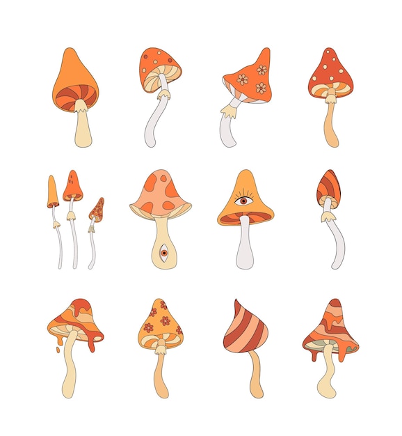 Zestaw ilustracji wektorowych vintage groovy grzyby w stylu lat 70-tych i 80-tych. Element retro jesienny klimat