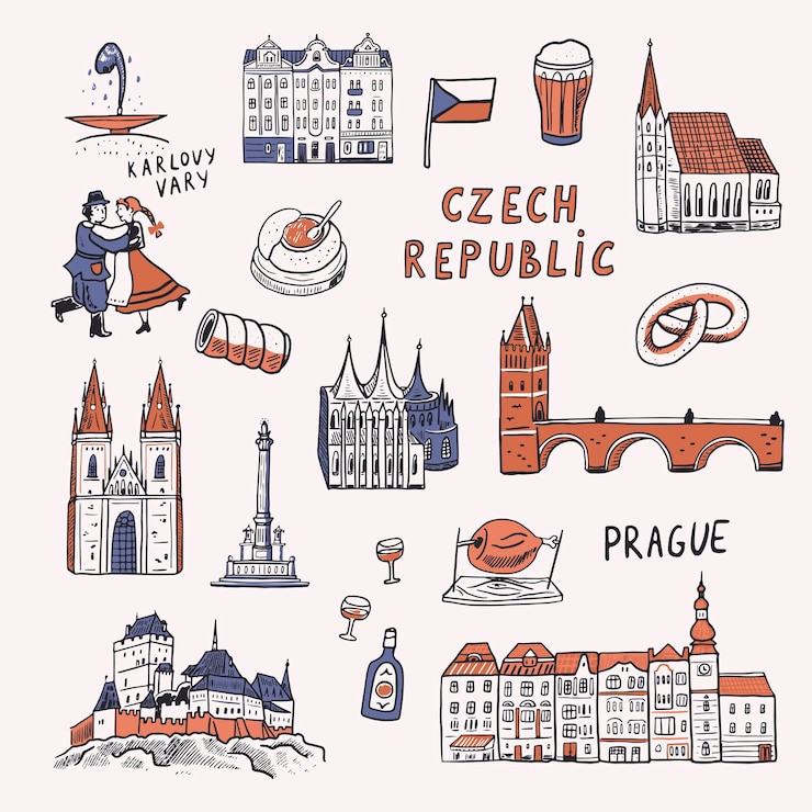 Wektor zestaw ilustracji wektorowych w republice czeskiej w pradze