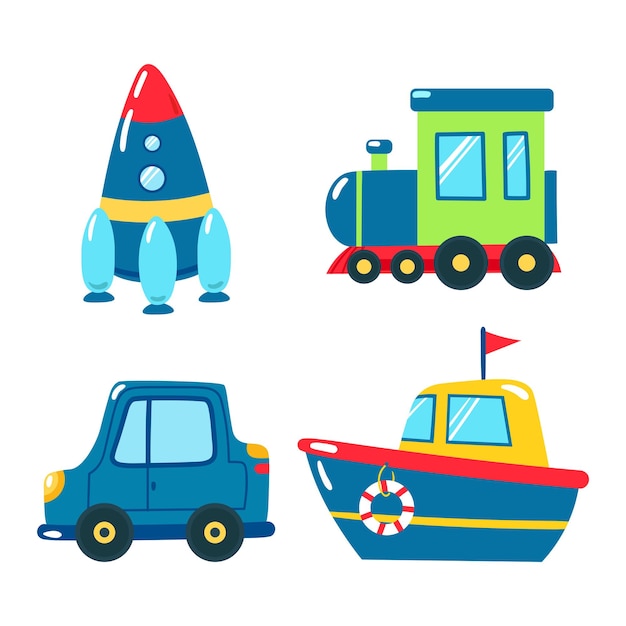 Plik wektorowy zestaw ilustracji wektorowych zabawek dla dzieci różne rodzaje transportu kreskówek