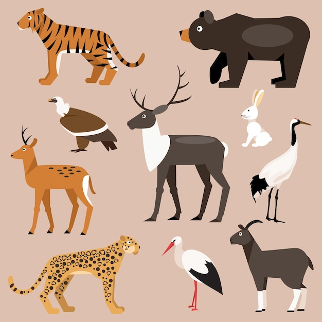 Zestaw ilustracji wektorowych zwierząt Dalekiego Wschodu