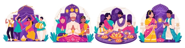 Zestaw Ilustracji Z Pozdrowieniami Z Okazji Diwali Indyjczycy W Tradycyjnych Ubraniach Trzymają Zapalone Lampy Olejowe Lub Diya świętują Festiwal świateł Diwali