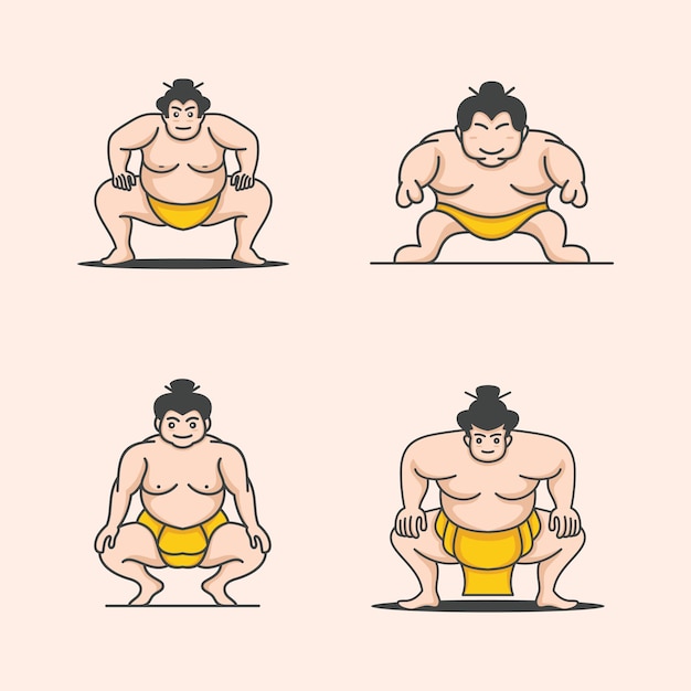 Zestaw Ilustracji Zapaśnika Sumo, Inspiracja Do Projektowania Logo Japońskiego Tradycyjnego Sportu