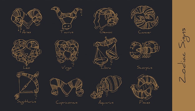 Zestaw Ilustracji Znaków Zodiaku W Stylu Boho. Baran, Byk, Bliźnięta, Rak, Lew, Panna, Waga, Skorpion, Strzelec, Koziorożec, Wodnik, Ryby.