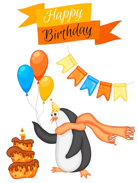 Zestaw imprezowy z pingwinem i kolorowymi przedmiotami na białym tle Napis Happy Birthday Multicolored Vector