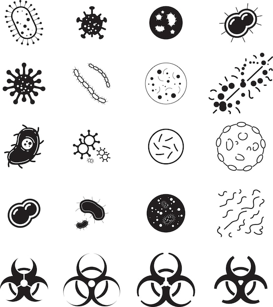 Plik wektorowy zestaw infekcji biologii bakterii wirusowych i ikon wektorowych zagrożenia biologicznego