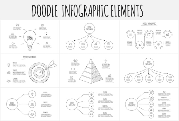 Plik wektorowy zestaw infografiki doodle z kręgami pyramidowymi i innymi elementami abstrakcyjnymi