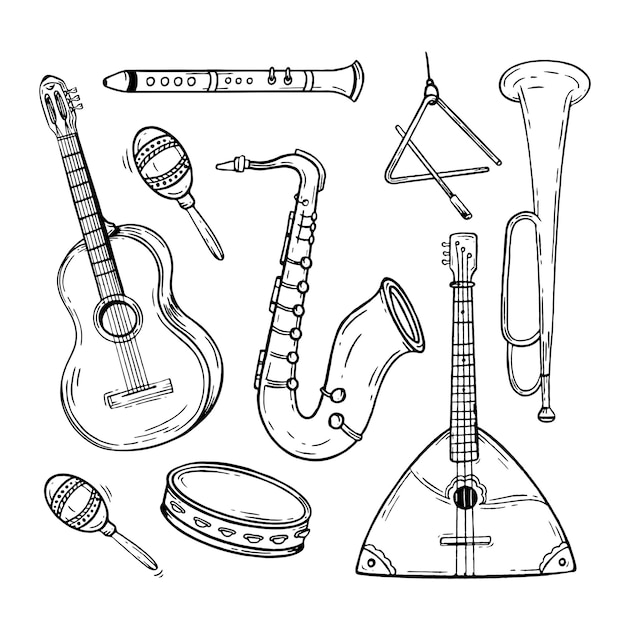 Zestaw Instrumentów Muzycznych Ręcznie Rysowane Stylu Ilustracja Wektorowa Czarno-białe Doodle