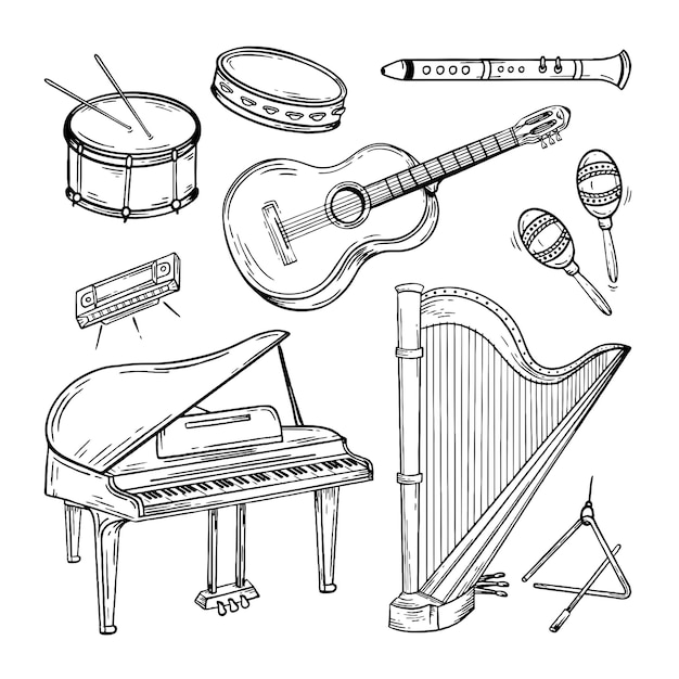 Zestaw instrumentów muzycznych ręcznie rysowane stylu Wektor czarno-biały doodle