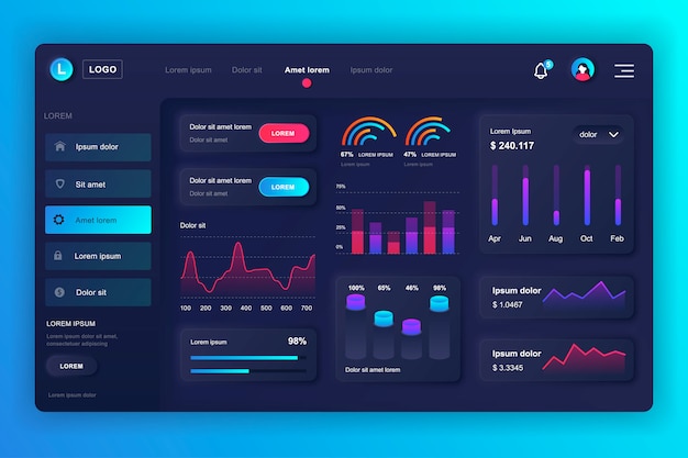 Zestaw Interfejsu Użytkownika Deski Rozdzielczej Neumorphic. Szablon Panelu Administracyjnego Z Elementami Infographic, Diagramem Hud, Grafiką Informacyjną. Pulpit Nawigacyjny Witryny Dla Interfejsu Użytkownika I Strony Projektu Ux. Styl Neumorfizmu.