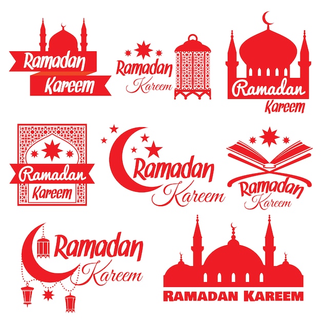 Zestaw Islamskiego Miesiąca Ramadan. Ilustracja Dla Muzułmańskiego świętego Miesiąca Ramadan Z Meczetem, Półksiężycem, Lampionem.