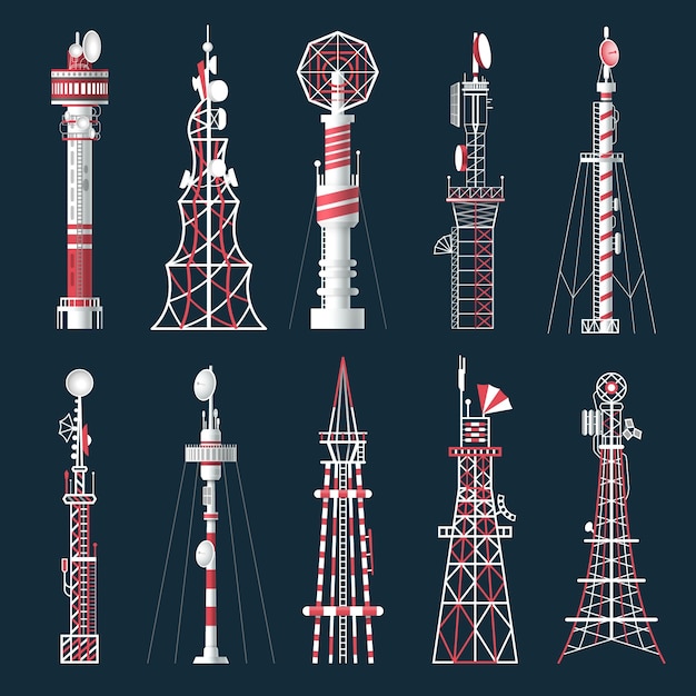 Plik wektorowy zestaw izolowanej wieży radiowej z anteną.