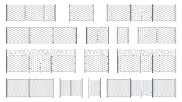 Plik wektorowy zestaw izolowanych ogrodzeń z ogniw łańcucha z drutami kolczastymi i wejściem z ogniwa łańcucha lub furtką z klatki bramy
