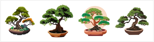 Zestaw Japońskich Drzew Bonsai Uprawianych W Pojemnikach Piękne Realistyczne Drzewo