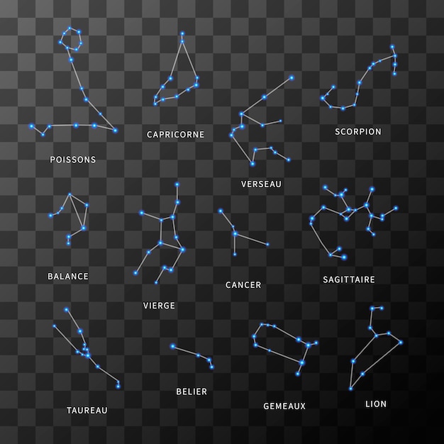 Plik wektorowy zestaw jasnych gwiazdozbiorów zodiaku na przezroczystym tle