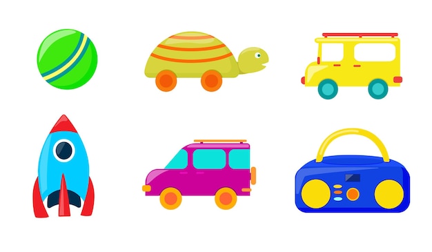 Plik wektorowy zestaw jasnych zabawek dla dzieci. samochód, rakieta, magnetofon, piłka, żółw. wektor.