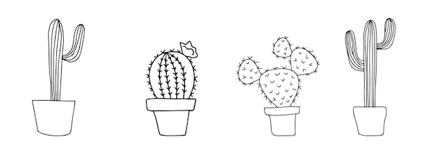 Zestaw Kaktusów Kwiaty W Doniczkach Są Rysowane Czarną Linią Na Białym Tle Rysunek Wektorowy