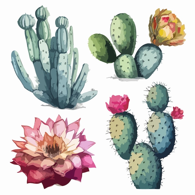 Plik wektorowy zestaw kaktusów pakiet do malowania akwarelą kaktusów