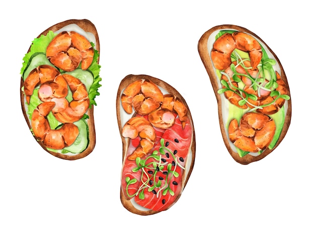 Plik wektorowy zestaw kanapek z krewetkami i łososiem akwarela ilustracja