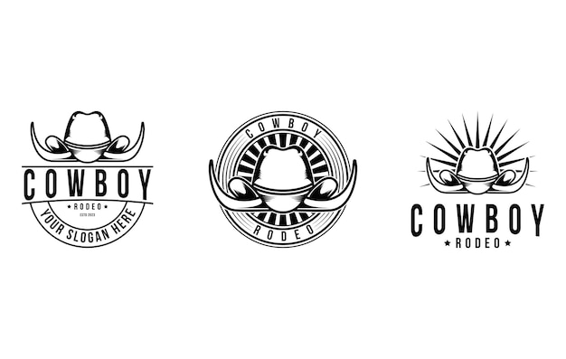 Zestaw kapeluszy owboy, logo rodeo, styl vintage, etykieta retro