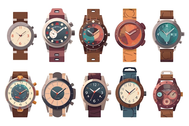 Plik wektorowy zestaw kapryśnych ilustracji kreskówek przedstawiających zestaw stylowych zegarków na rękę