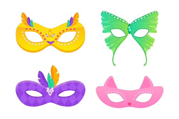 Zestaw karnawałowych masek, sowy, piór kotów i motyla do maskarady Purim i Mardi Gras na białym izolowanym tle