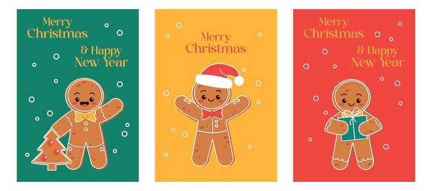 Zestaw Kart Bożonarodzeniowych Z Ilustracjami Człowieka Z Piernika Wesołe Boże Narodzenie Grafika Wektorowa