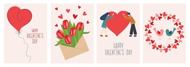 Zestaw Kart Okolicznościowych Happy Valentine's Day. Postacie Z Kreskówek Przytulające Ogromne Serce, List Z Kwiatami, Całujące Się Ptaki. Szablony Postów W Mediach Społecznościowych, Aplikacji Mobilnych, Reklam, Stron Internetowych.