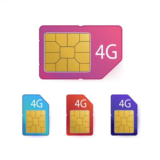 Plik wektorowy zestaw kart sim 4g. symbol technologii telekomunikacji mobilnej.