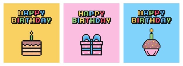Plik wektorowy zestaw kart urodzinowych pixel art pocztówka lat osiemdziesiątych lat dziewięćdziesiątych stary styl gry arkadowej nostalgia