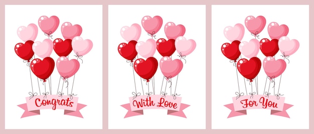 Zestaw Kart Z Balonowymi Sercami Na Walentynki, Wesele. Gratulacje, Z Miłością, Dla Ciebie