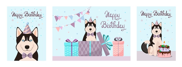 Zestaw Kartek Okolicznościowych Z Psem Husky Happy Birthday Cartoon Design