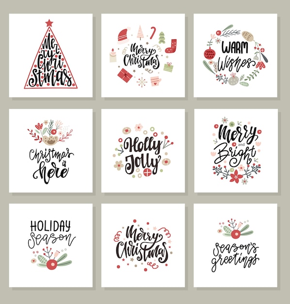 Plik wektorowy zestaw kartek świątecznych z napisami cytaty i ozdoby ilustracji wektorowych