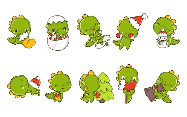 Zestaw kawaii świątecznej kolekcji dinozaurów z uroczymi wektorowymi ilustracjami świątecznych dinozaurów do naklejek