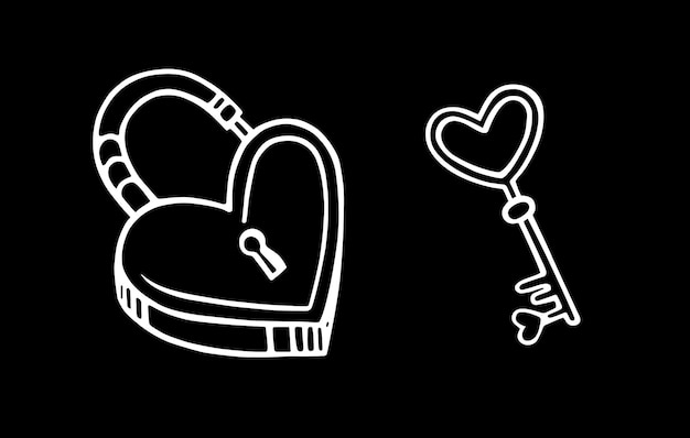 Plik wektorowy zestaw kluczy w kształcie serca i blokady doodlestyle w kształcie serca na białym tle na czarnym tle ilustracja wektorowa zamka stodoły i metalowego klucza deklaracja miłości i romantycznych uczuć
