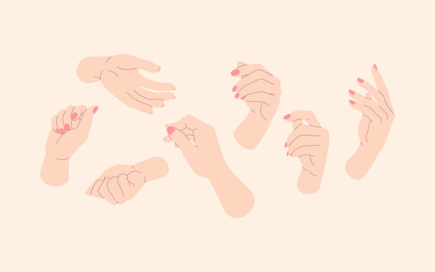 Zestaw kobiecych rąk z różnymi gestami Ilustracja wektorowa w stylu płaskim