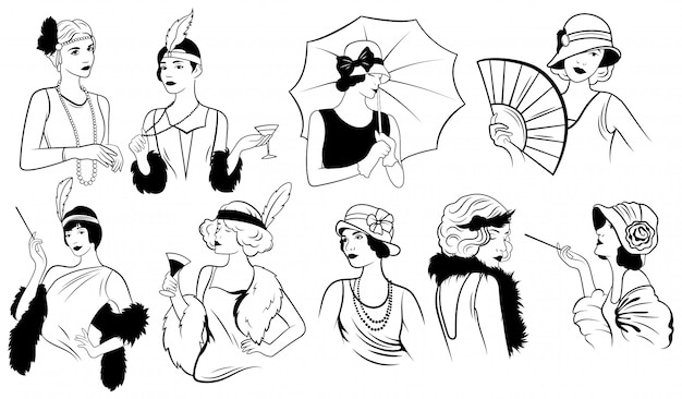 Zestaw Kobiet W Stylu Art Deco. Kolekcja Trendów Kobiecej Mody Retro Lat Dwudziestych.