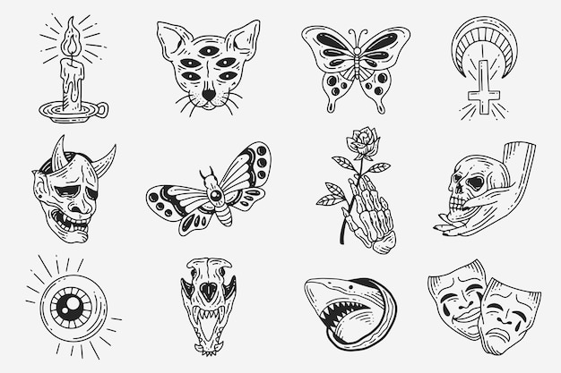 Zestaw Kolekcja Mistyczne Niebiańskie Ciemne święte Proste Minimalizm Tatuaż Clipart Symbol Przestrzeń Doodle Ezoteryczne Elementy Vintage Ilustracja