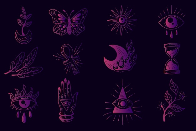Zestaw Kolekcja Mistyczne Niebiańskie Proste Minimalizm Tatuaż Clipart Symbol Przestrzeń Doodle Ezoteryczne Elementy Vintage Ilustracja