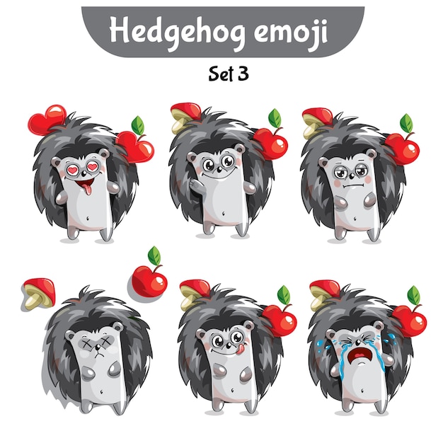 Zestaw Kolekcja Naklejki Emoji Emotikonów Emocja Wektor Ilustracja Na Białym Tle Szczęśliwy Charakter Słodki, Uroczy Jeż