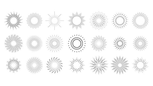 Zestaw Kolekcja Okrągłe Koła Starburst Sunburst Zachód Słońca Czarna Linia Doodle Wybuchające Promienie Wschód Słońca Połysk