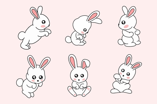 Zestaw Kolekcja Słodki Królik Bunny Pozuje Twarz Uszy Płaskie Sztuki Zwierząt Doodle