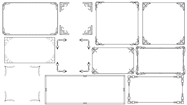 Zestaw Kolekcji Ramki Czarna Linia Prosta Doodle Kwadratowa Ramka Kwiatowa Elementów Styl Projektowania Wektor