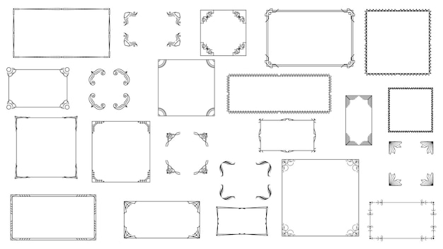 Zestaw Kolekcji Ramki Czarna Linia Prosta Doodle Kwadratowa Ramka Kwiatowa Elementów Styl Projektowania Wektor