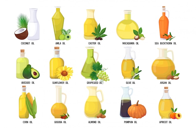 Zestaw Kolekcji Szklanych Butelek świeżego Oleju Z Nazwami Różnych Organicznych Warzyw I Owoców Na Białym Tle Poziomej